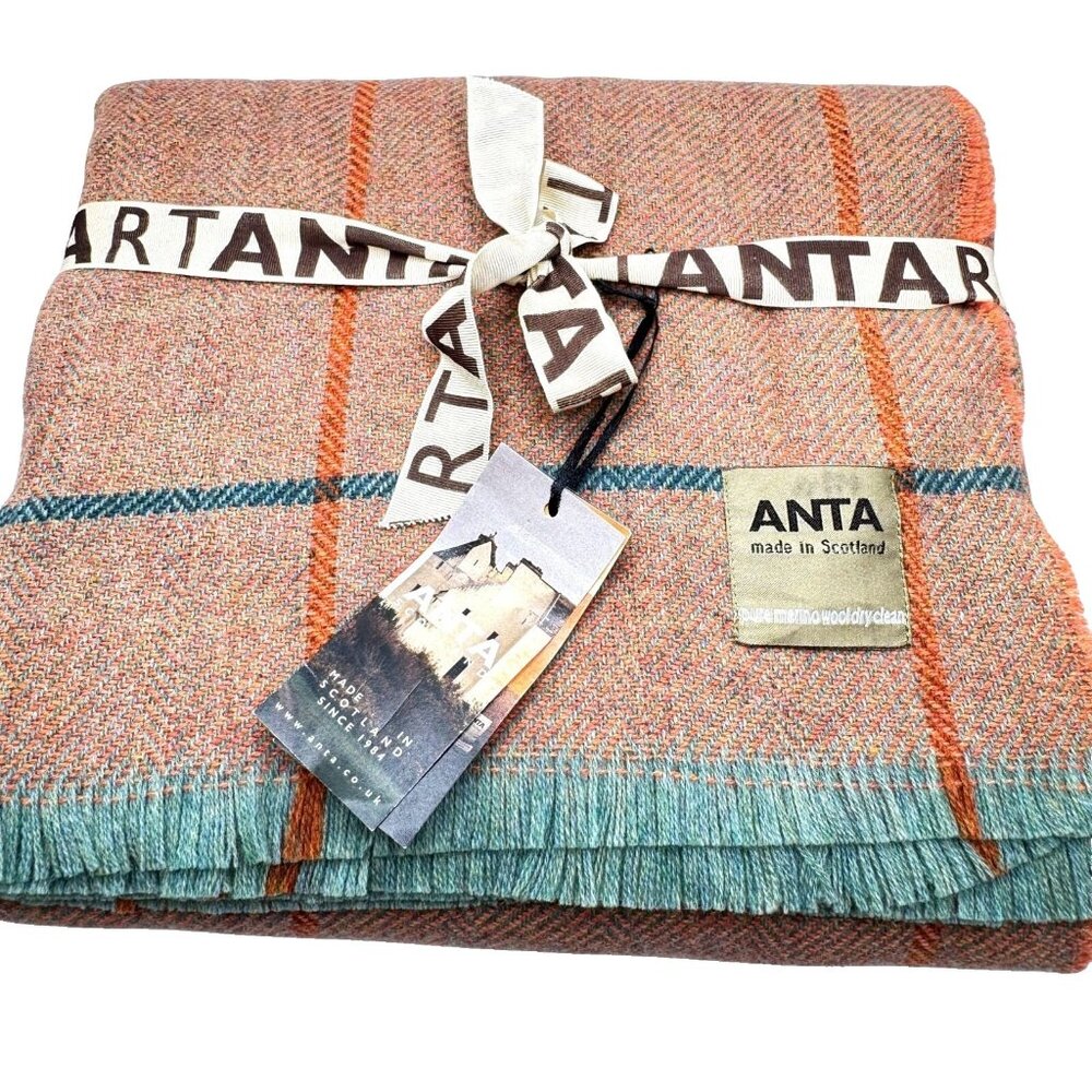 100% Merino Wool ANTA Plaid Throw Blanket 50"x60" Heather Orange Teal Peach NWT